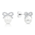 Load image into Gallery viewer, SO SEOUL Elegant Ribbon Bow Chic Pearl and Diamond Simulant Cubic Zirconia Stud Earrings