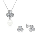 Load image into Gallery viewer, SO SEOUL Alette Clover Elegance Set - Pave Cubic Zirconia Necklace with Pearl Drop & Matching Stud Earrings