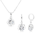 Load image into Gallery viewer, SO SEOUL Camellia Flower Encased Diamond Simulant Zirconia Pendant Necklace and Hoop Earrings Set