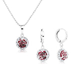 Load image into Gallery viewer, SO SEOUL Camellia-Inspired Rose, White or Ruby-Red Floral Diamond Simulant Zirconia Hoop Earrings and Necklace Set