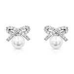 Load image into Gallery viewer, SO SEOUL Elegant Ribbon Bow Chic Pearl and Diamond Simulant Cubic Zirconia Stud Earrings