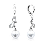 Load image into Gallery viewer, SO SEOUL Graceful Ribbon Bow with Pearl Dangle Solitaire Diamond Simulant Cubic Zirconia Left/Right Hoop Earrings