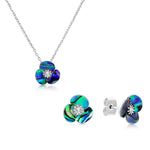 Load image into Gallery viewer, SO SEOUL Claire Triple Flower Petal Mother of Pearl or Abalone Shell Pendant Necklace and Stud Earrings Set with Austrian Crystals