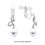 Load image into Gallery viewer, SO SEOUL Graceful Ribbon Bow with Pearl Dangle Solitaire Diamond Simulant Cubic Zirconia Left/Right Hoop Earrings