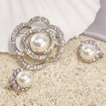 Load image into Gallery viewer, SO SEOUL Camellia Flower Oversized Pearl Austrian Crystal Rollover Clasp with Double Mini Brooch Set
