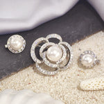 Load image into Gallery viewer, SO SEOUL Camellia Flower Oversized Pearl Austrian Crystal Rollover Clasp with Double Mini Brooch Set