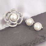 Load image into Gallery viewer, SO SEOUL Camellia Flower Oversized Pearl Austrian Crystal Rollover Clasp with Double Mini Brooch Set