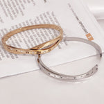 Load image into Gallery viewer, SO SEOUL Roman Numeral Intertwine Encrusted Diamond Simulant Rhodium/Rose Gold Side Hinged Bangle