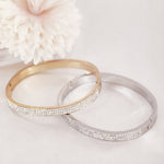 Load image into Gallery viewer, SO SEOUL Chentel Classic Triple Row Insets Austrian Crystal Rhodium/Rose Gold Side Hinged Bangle