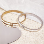 Load image into Gallery viewer, SO SEOUL Claire Mother of Pearl Encrusted with Austrian Crystal Rhodium/Rose Gold Side Hinged Bangle