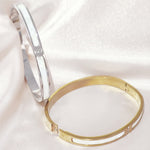 Load image into Gallery viewer, SO SEOUL Claire Mother of Pearl Encrusted with Austrian Crystal Rhodium/Rose Gold Side Hinged Bangle