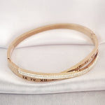 Load image into Gallery viewer, SO SEOUL Roman Numeral Intertwine Double Row Insets Austrian Crystal Rose Gold Side Hinged Bangle