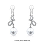 Load image into Gallery viewer, SO SEOUL Graceful Ribbon Bow with Pearl Dangle Solitaire Diamond Simulant Cubic Zirconia Left/Right Hoop Earrings