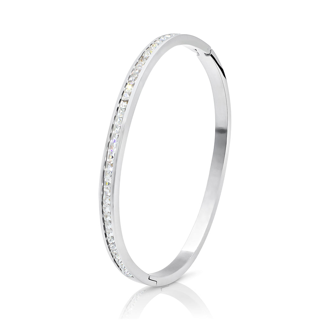 SO SEOUL Allista Classic Single-Band Bangle with Emerald Square Cubic Zirconia in Hinged Silver or Rose Gold