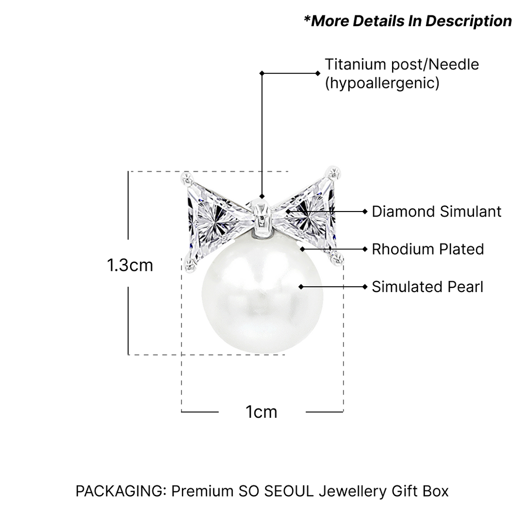 SO SEOUL Graceful Ribbon with Petite Pearl Diamond Simulant Cubic Zirconia Pierced Stud Earrings
