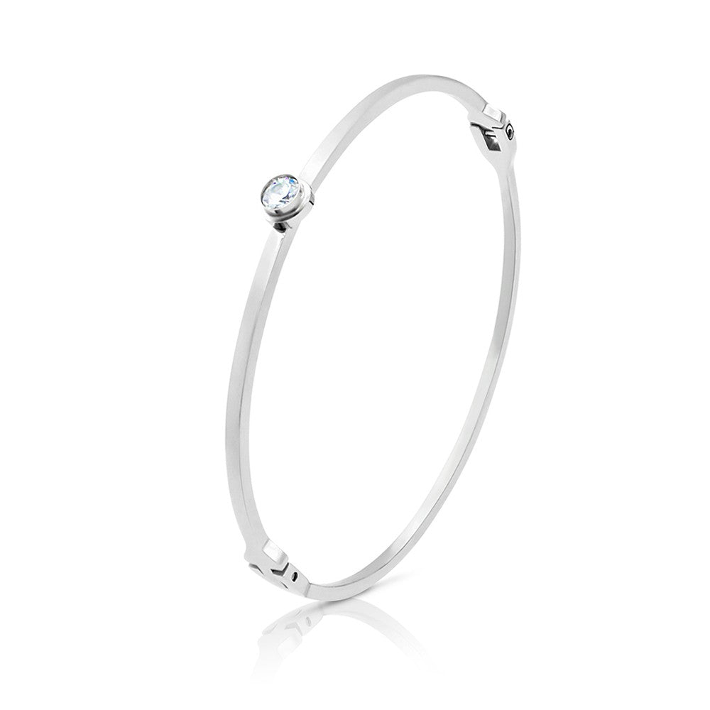 SO SEOUL Athena Solitaire Bangle with Round Brilliant Cut Diamond Simulant Zirconia in Bezel Setting - Available in Rhodium or Rose Gold Finish