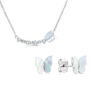 SO SEOUL Claire Flying Butterfly Mother of Pearl or Abalone Shell with Austrian Crystals Stud Earrings and Pendant Necklace Set