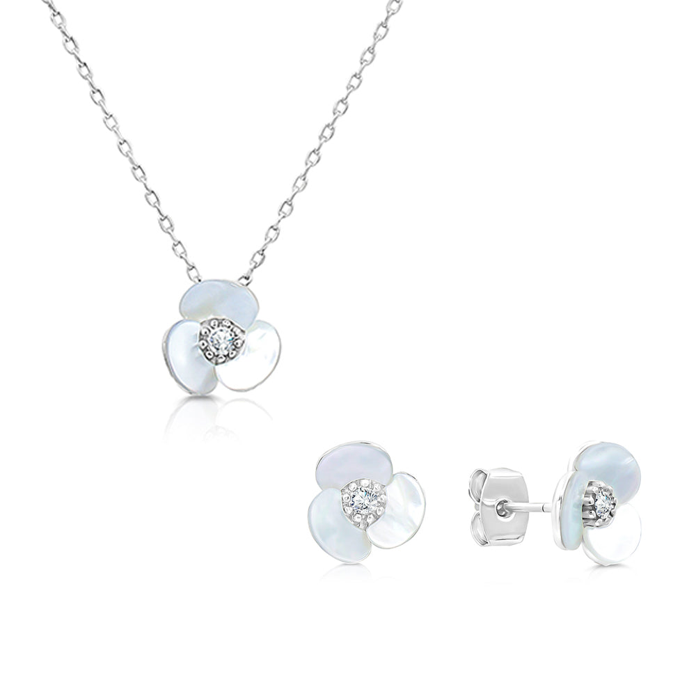 SO SEOUL Claire Triple Flower Petal Mother of Pearl or Abalone Shell Pendant Necklace and Stud Earrings Set with Austrian Crystals