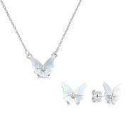 SO SEOUL Claire Flower Butterfly Mother of Pearl or Abalone Shell with Austrian Crystal Stud Earrings and Pendant Necklace Set