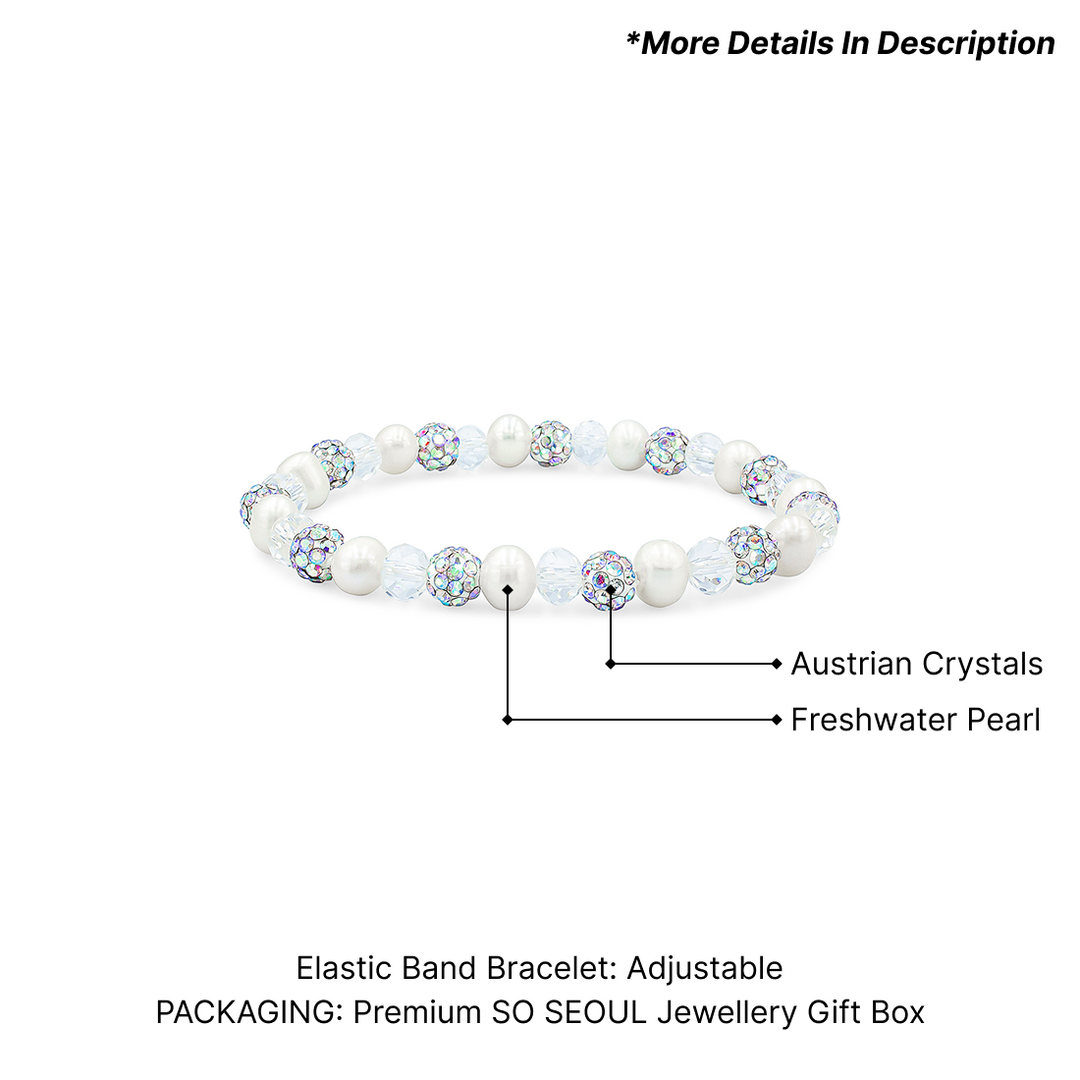 SO SEOUL Lucent Nature Freshwater White Pearl with Round White Austrian Crystal Elastic Bracelet