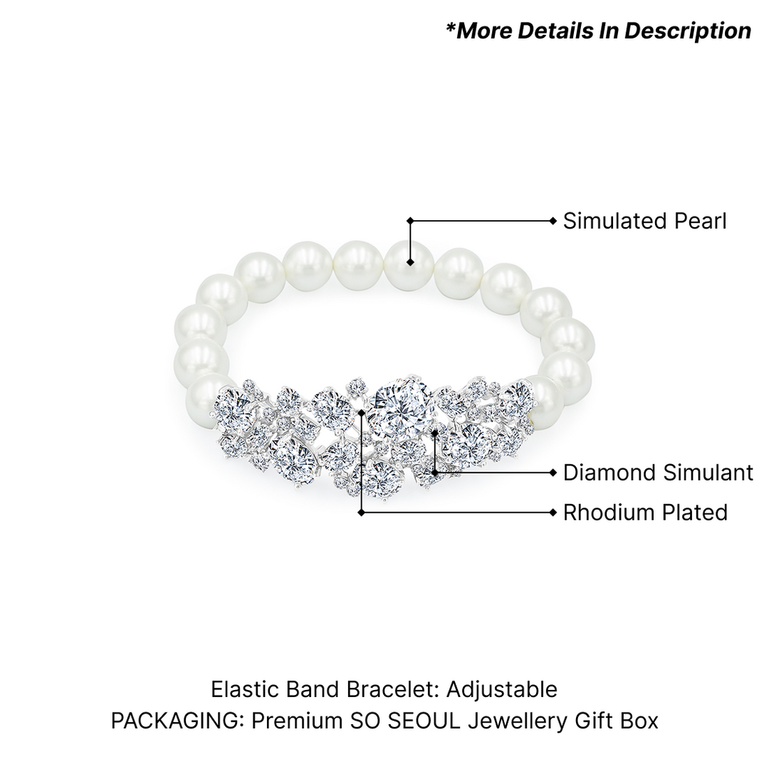 SO SEOUL Lustrous Glamour Multi Oval Cut Diamond Simulant Cubic Zirconia with Pearl Elastic Bracelet
