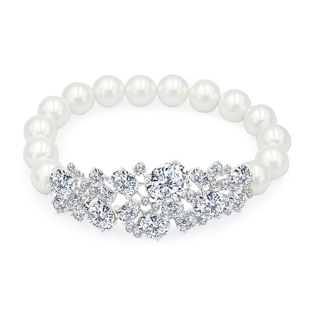 SO SEOUL Lustrous Glamour Multi Oval-Cut Diamond Simulant Cubic Zirconia with Pearl Elastic Bracelet