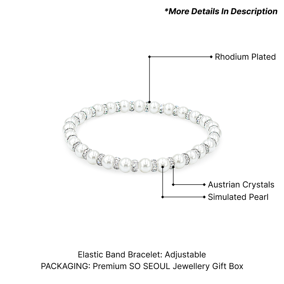 SO SEOUL Quinn Pearl in White with Multi Beads Austrian Crystal Elastic Bracelet