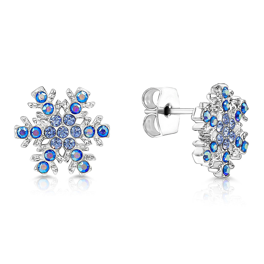 SO SEOUL "Let it Snow" Snowflake Aurore Boreale or Blue Crystal Stud Earrings and Pendant Necklace Jewelry Gift Set