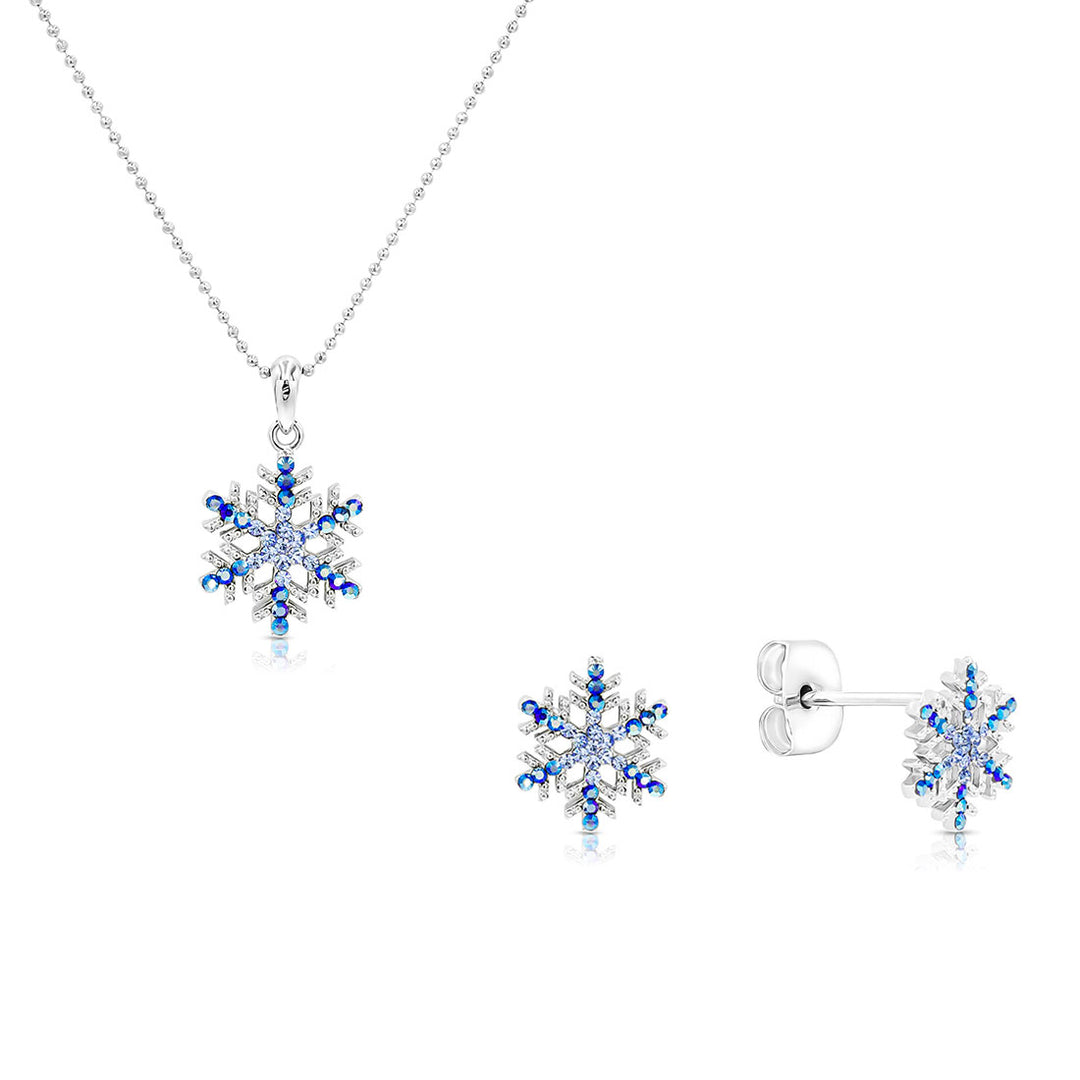 SO SEOUL "Let it Snow" Snowflake Aurore Boreale or Blue Crystal Stud Earrings and Pendant Necklace Jewelry Gift Set