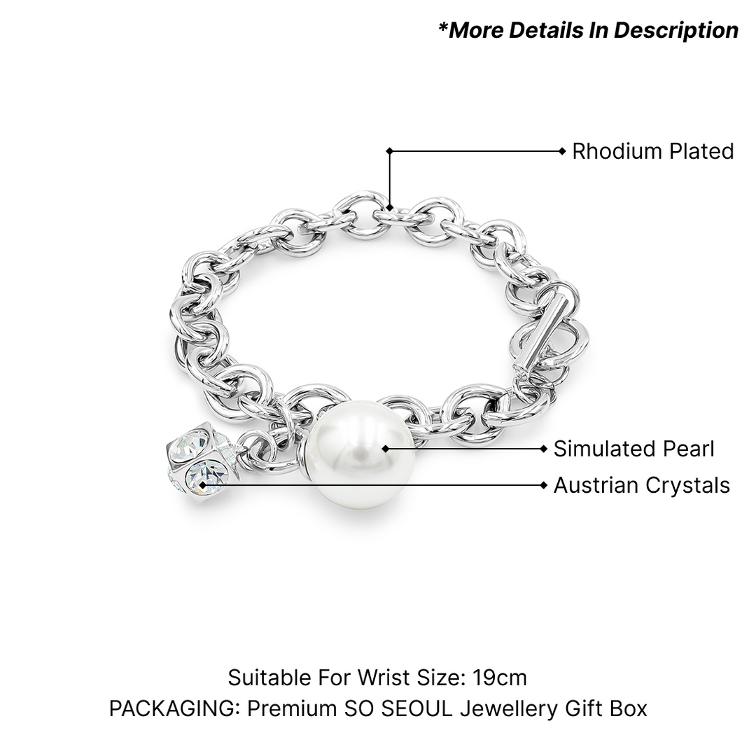 SO SEOUL Sequoia Elegance - Chunky Chain Bracelet with Pearl & Cubic Zirconia Cube Charm