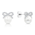 Load image into Gallery viewer, SO SEOUL Elegant Ribbon Bow Chic Pearl and Diamond Simulant Cubic Zirconia Stud Earrings
