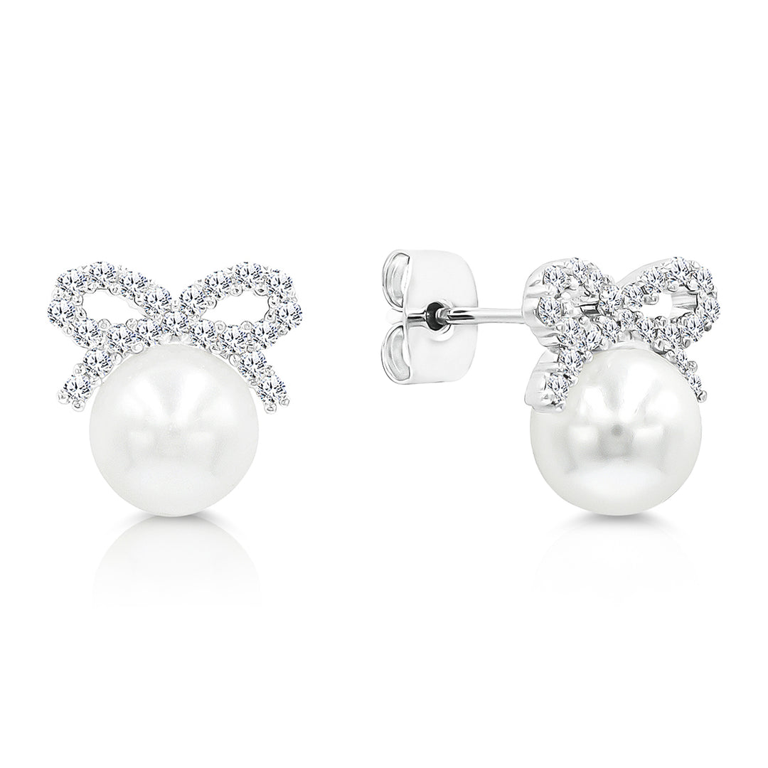 SO SEOUL Elegant Ribbon Bow Chic Pearl and Diamond Simulant Cubic Zirconia Stud Earrings