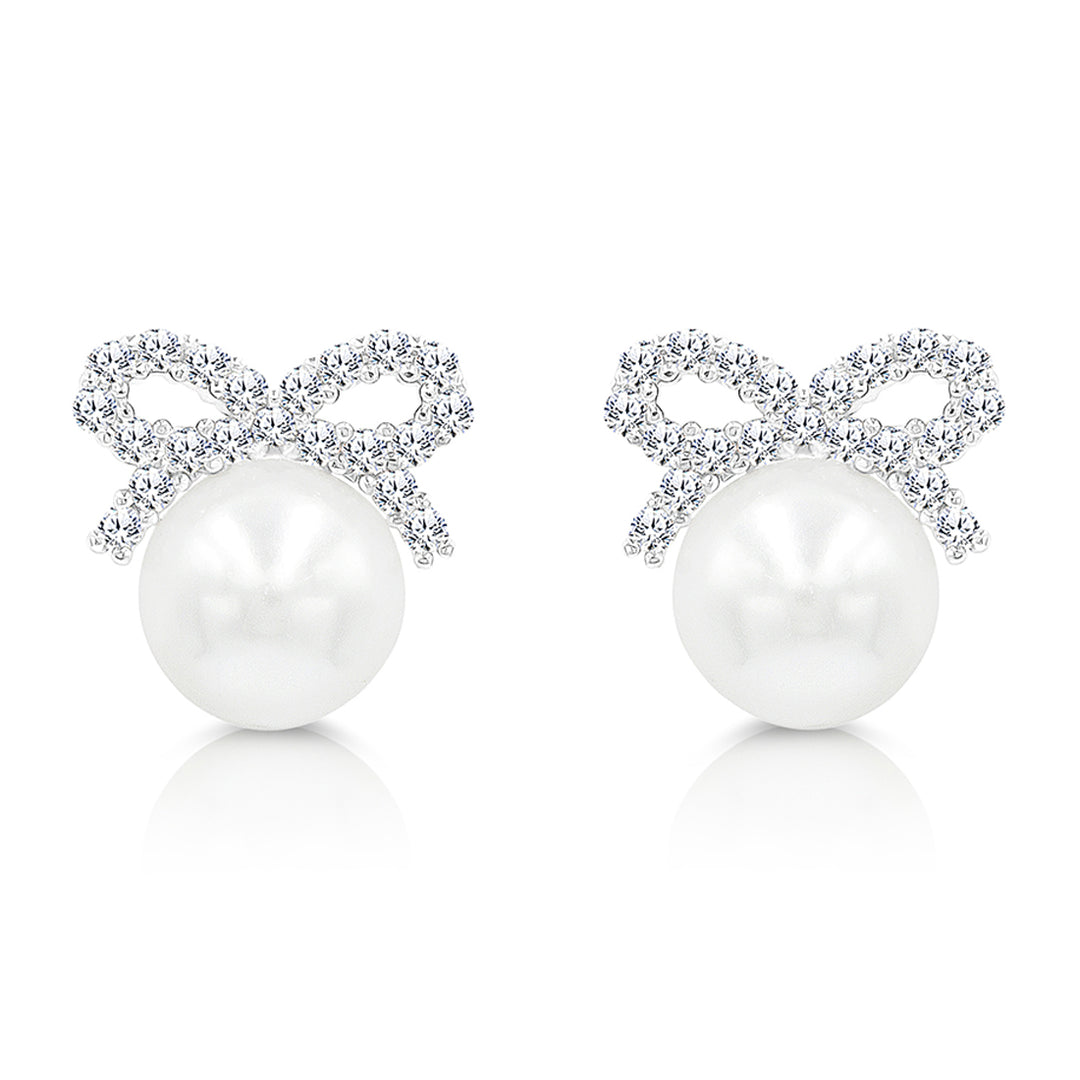 SO SEOUL Elegant Ribbon Bow Chic Pearl and Diamond Simulant Cubic Zirconia Stud Earrings