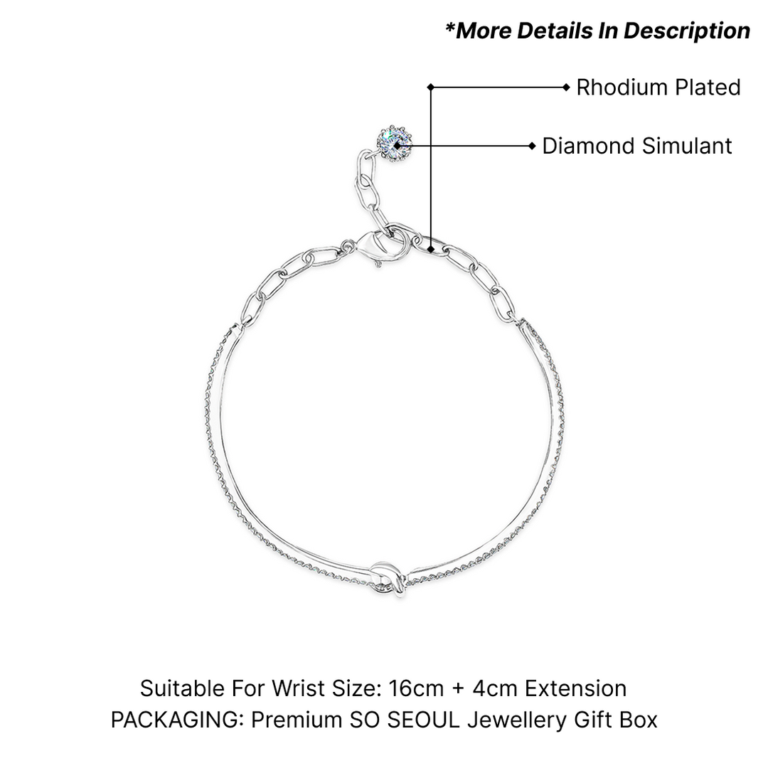 SO SEOUL Lustrous Glamour Modern Dual Chain Bracelet with Solitaire Diamond Simulant Accent Rhodium Plated