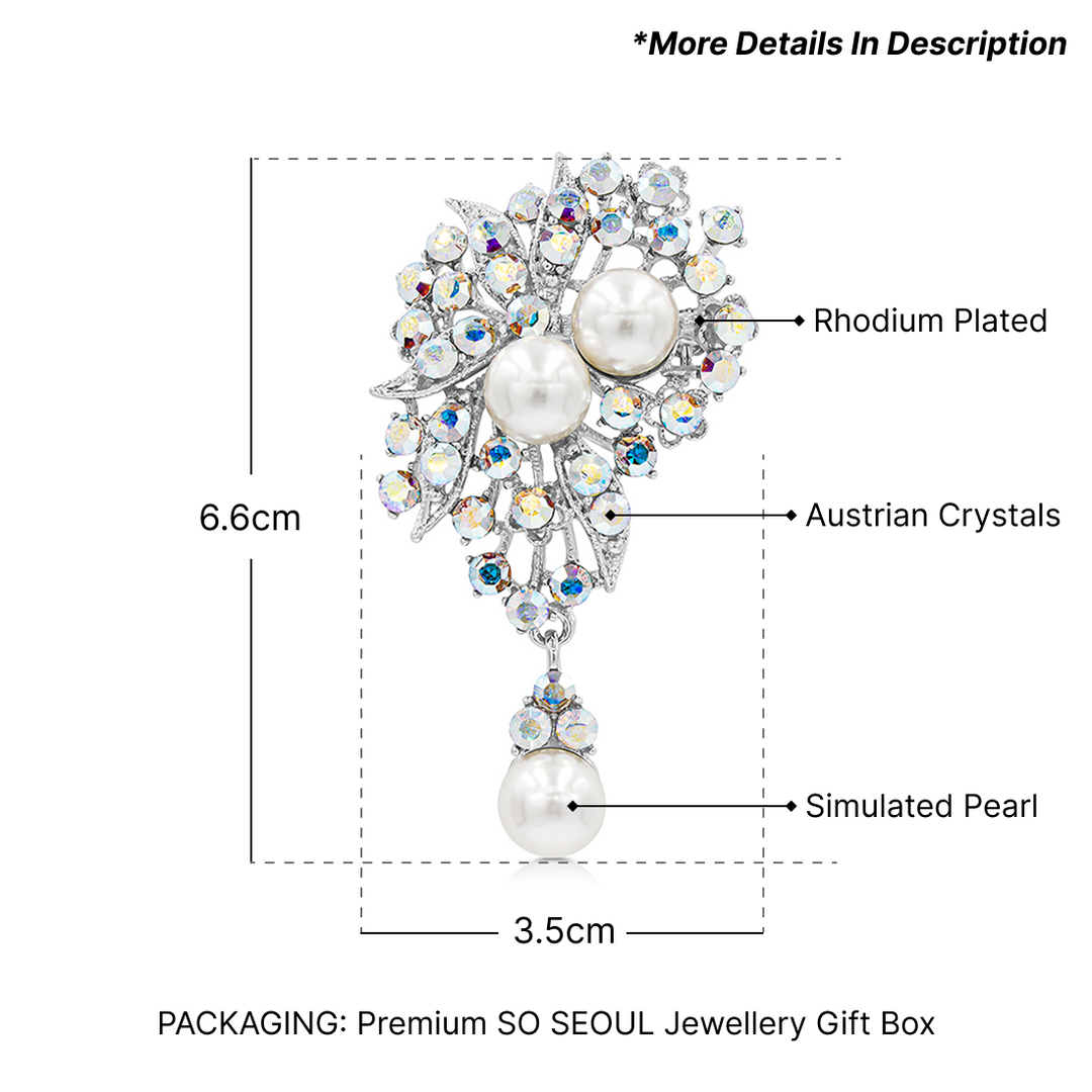 SO SEOUL Quinn Pearl in White Dangles Aurore Boreale Crystal Rollover Clasp Brooch