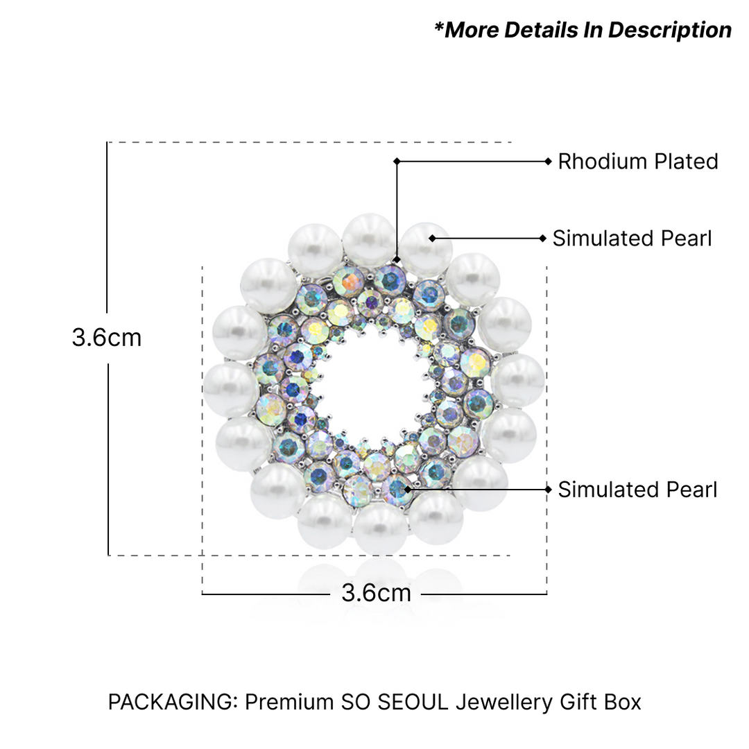 SO SEOUL Quinn Pearl in White Sun Burst Aurore Boreale Crystal with Pearl Scarf Buckle Shawl Brooch