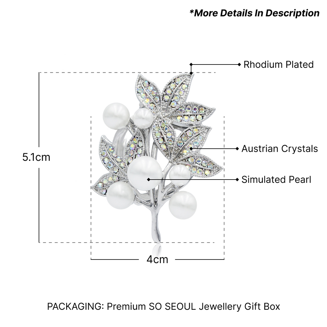 SO SEOUL Leilani Tree of Life Nature Leaf Aurore Boreale Crystal with Pearl Clip On Ring Scarf Buckle Shawl Brooch
