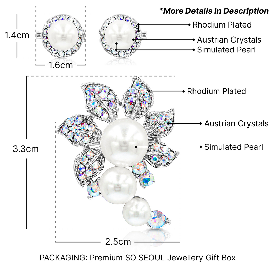 SO SEOUL Leilani Blossom with Pearl Austrian Crystal Rollover Clasp with Double Mini Baby Brooch Set