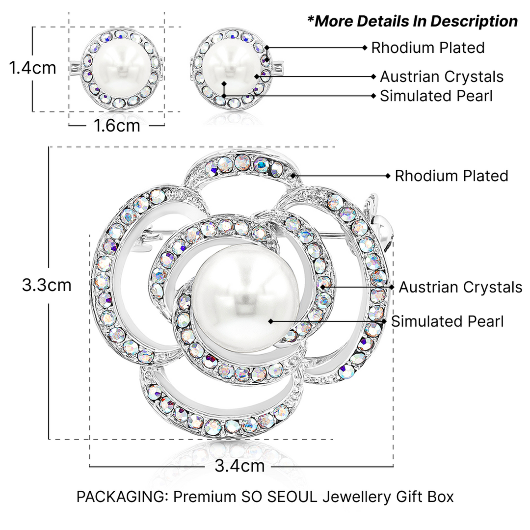 SO SEOUL Camellia Flower Oversized Pearl Austrian Crystal Rollover Clasp with Double Mini Brooch Set