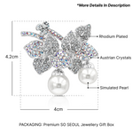 Load image into Gallery viewer, SO SEOUL Camellia Flower Leaves with Double Dangling Pearl Austrian Crystal Rollover Clasp Brooch