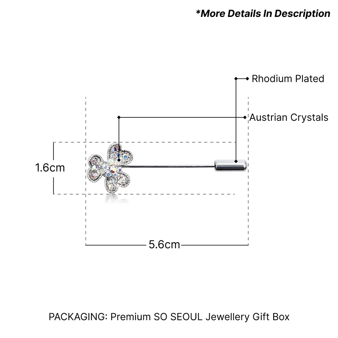 SO SEOUL Alette Three-Leaf Heart Clover Aurore Boreale Austrian Crystal Metal Lapel Pin Brooch