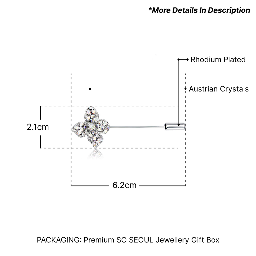 SO SEOUL Leilani Four Flower Petal Aurore Boreale Austrian Crystal Metal Lapel Pin Brooch