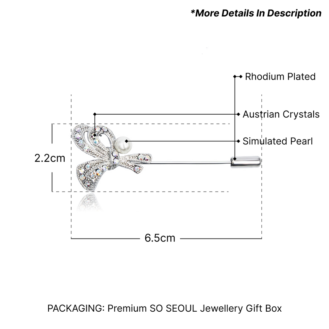 SO SEOUL Graceful Lifelong Ribbon Bow Swirl with Pearl Austrian Crystal Metal Lapel Pin Brooch