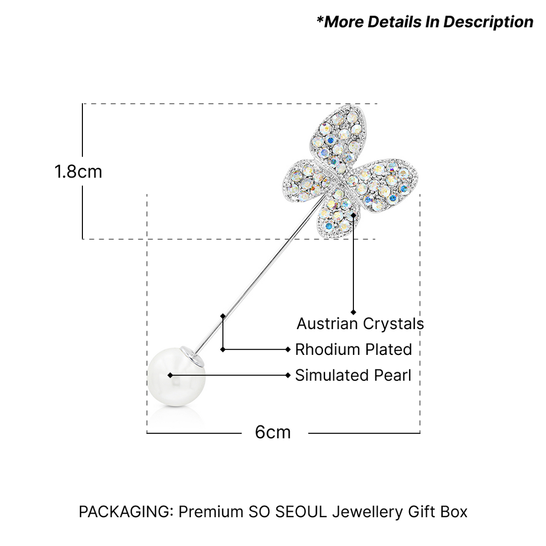 SO SEOUL Caria Butterfly Aurore Boreale Austrian Crystal Metal Lapel Pin with White Pearl Brooch