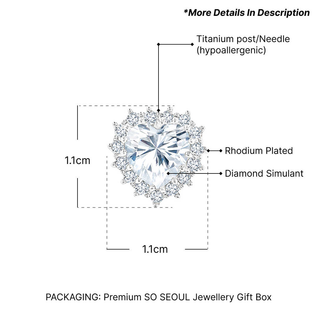 SO SEOUL Amora Elegant Heart Halo Earrings Red or White Diamond Simulant Rhodium Titanium Studs