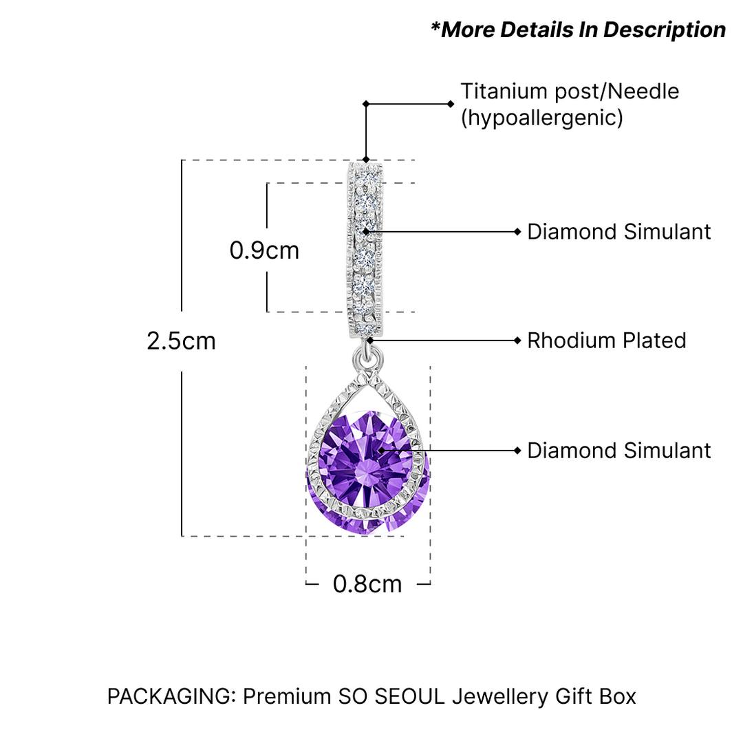 SO SEOUL Lic Crown Teardrop Amethyst-Colored Solitaire Cubic Zirconia Hoop Earrings