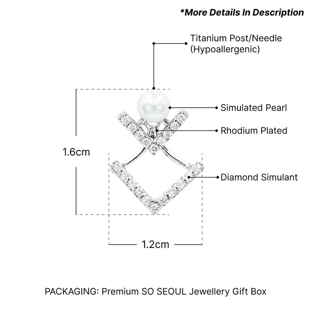 SO SEOUL Double V-Shaped Cubic Zirconia Diamond Simulant and Pearl Stud Earrings