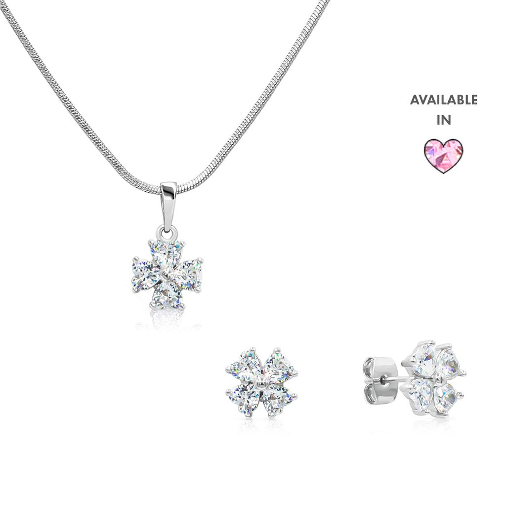 SO SEOUL 'Alette' Signature Dual-Toned Cubic Zirconia Jewelry Set with Snowflake Pendant Necklace and Clover Stud Earrings