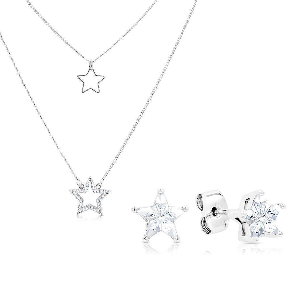 SO SEOUL Stellar Grace - Double-Star Diamond Simulant Necklace and Earrings Set