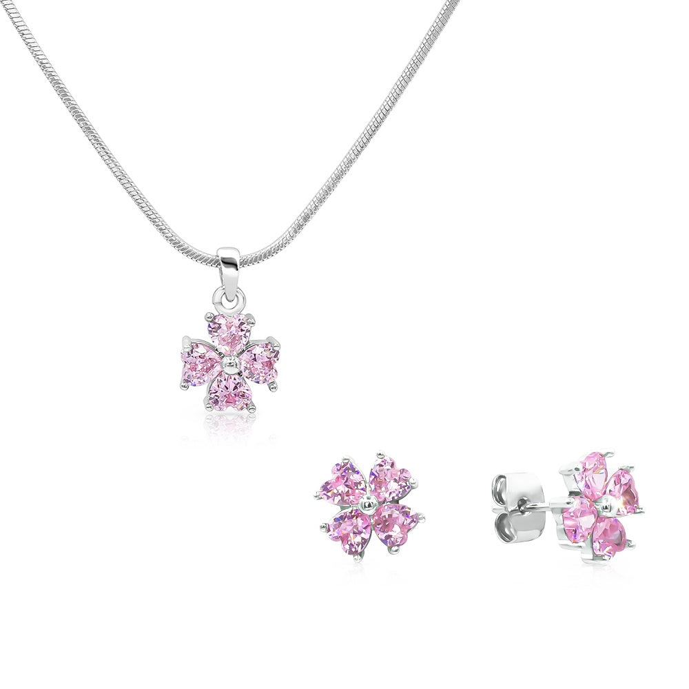 SO SEOUL 'Alette' Signature Dual-Toned Cubic Zirconia Jewelry Set with Snowflake Pendant Necklace and Clover Stud Earrings